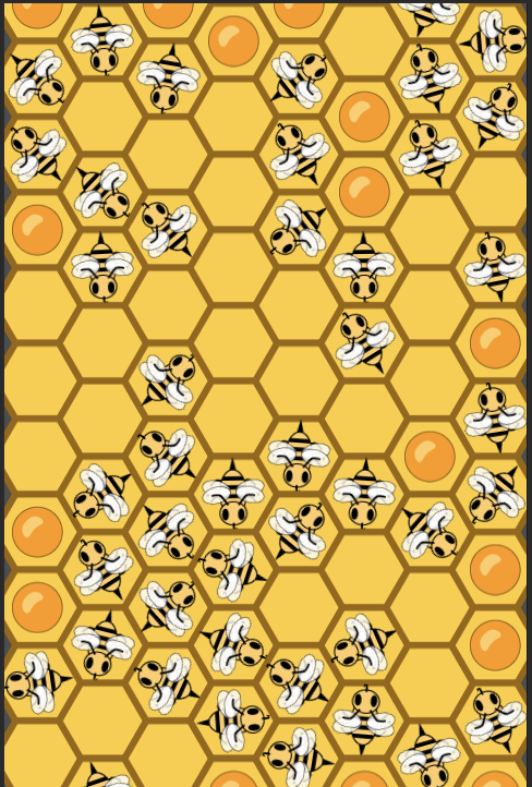 Cartoonish beehive with empty cells, bees, and cells with honey